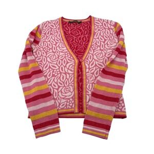 Oilily Women's Pink Rose &‎ Stripe Cardigan Sweater MEDIUM Cotton/Wool Blend Y2K